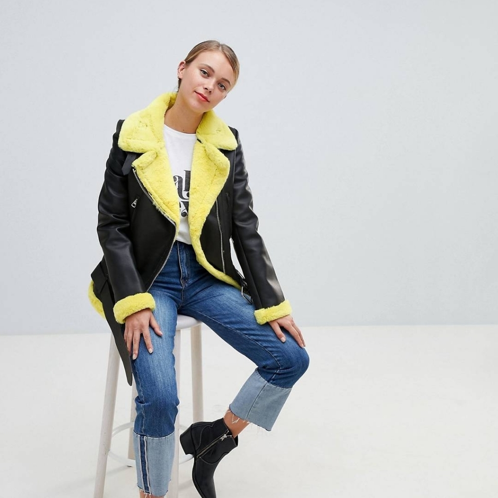 Bershka vegan leather biker jacket with faux fur trim